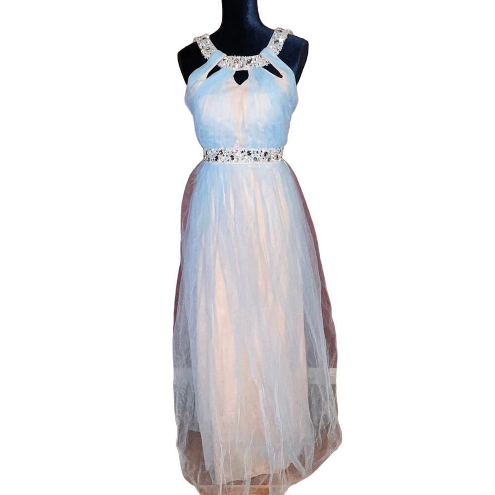 City Triangles Dress beaded cutout halter dress tulle baby blue nude size 5